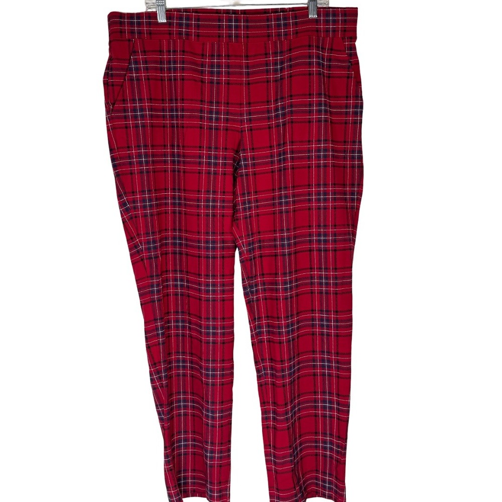 Denim & Co Straight Leg Pants Women XL Apple Red Navy Plaid Duo Stretch A702026
